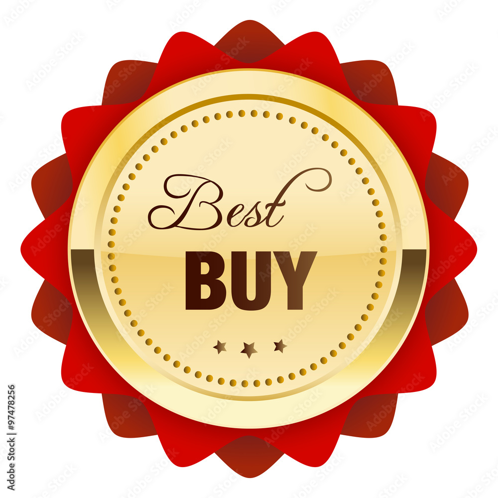 Best buy seal or icon. Glossy golden seal or button with stars and red color. Best buy seal or icon. Glossy golden seal or button with stars and red color.