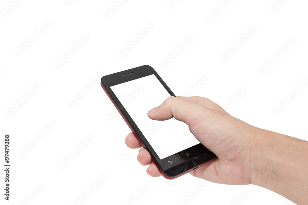 Hand are holding and pointing on Smart Phone Isolated on white background Hand are holding and pointing on Smart Phone Isolated on white background