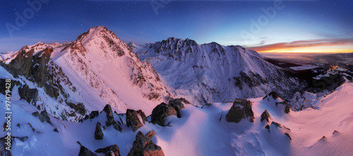 Fototapeta Naklejka Na Ścianę i Meble -  Winter mountain panorama landscape at night, Slovakia Tatras