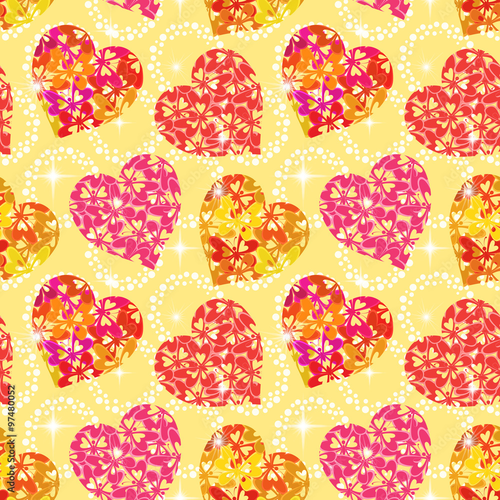 Seamless Pattern, Hearts with Butterflies Seamless Pattern, Hearts with Butterflies