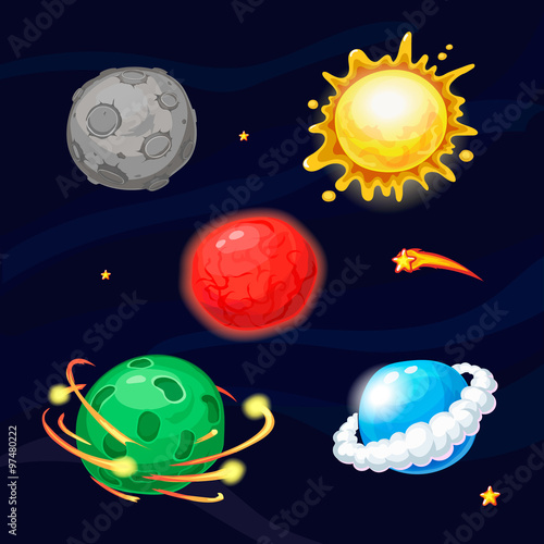 Set of cartoon fantastic planets