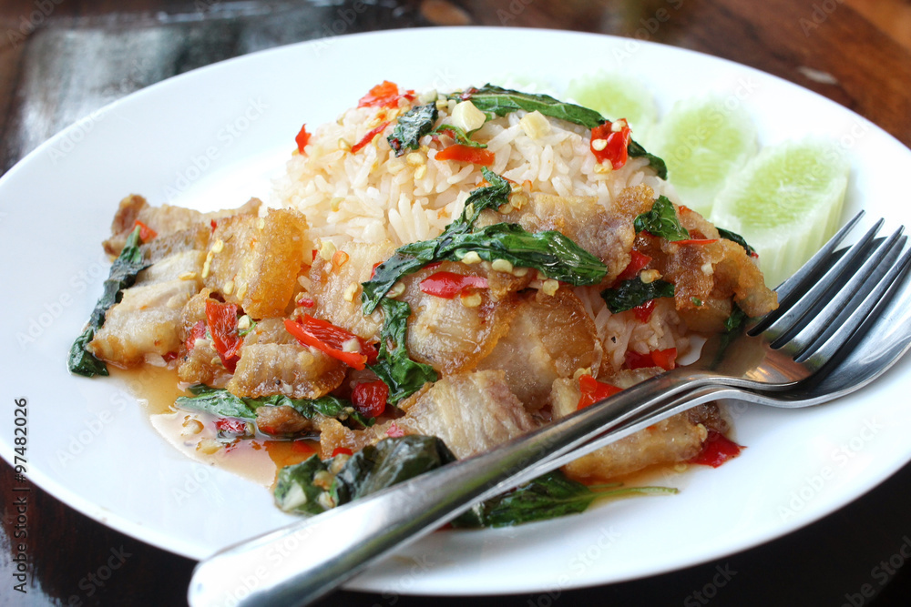 Fried pork and basil with rice Fried pork and basil with rice