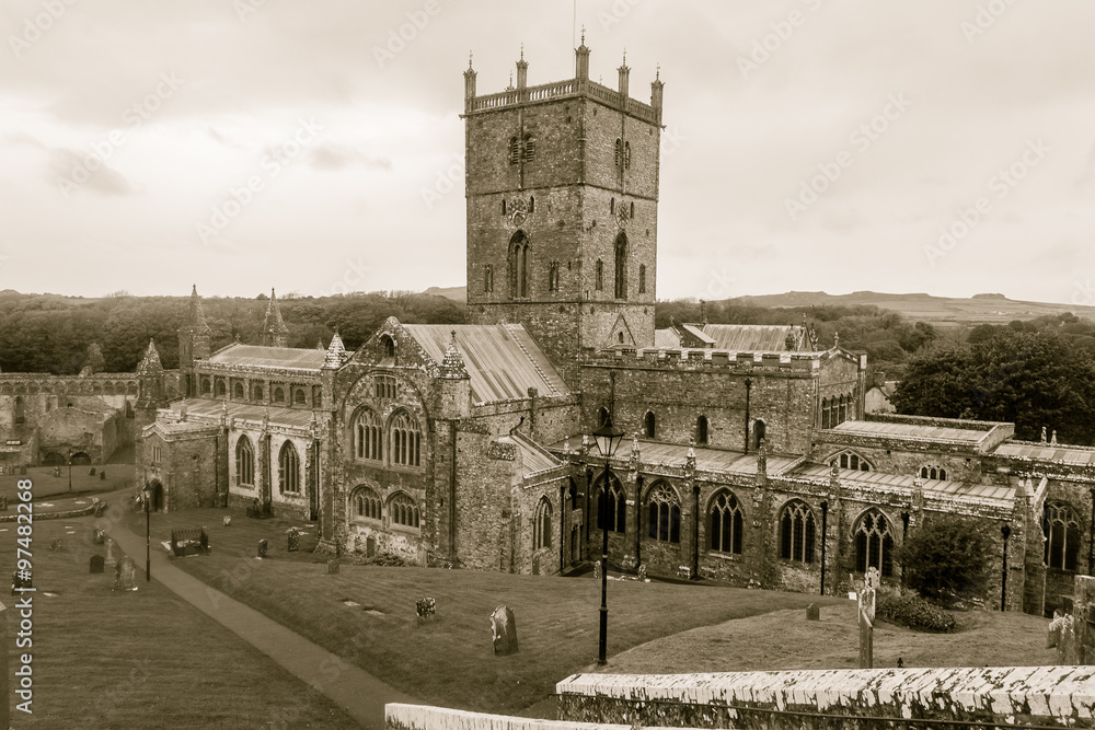 St. Davids Cathedral, Pembrokeshire in sepia tone