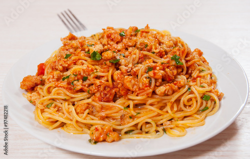 capellini pasta with tomato and meat sauce