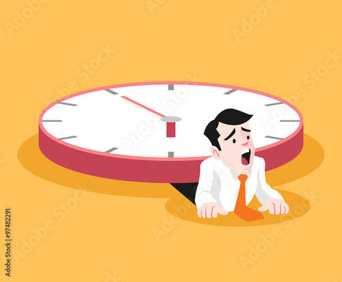 Businessman under the big clock. Vector flat illustration