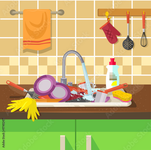 Dirty sink with kitchenware. Vector flat illustration