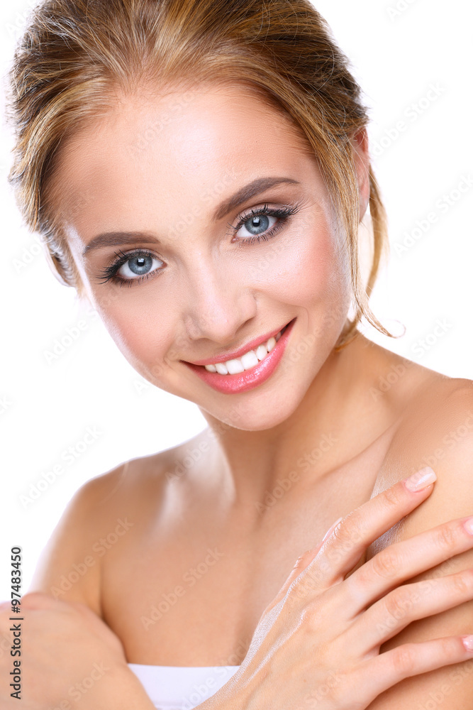 Portrait of beautiful woman on white background