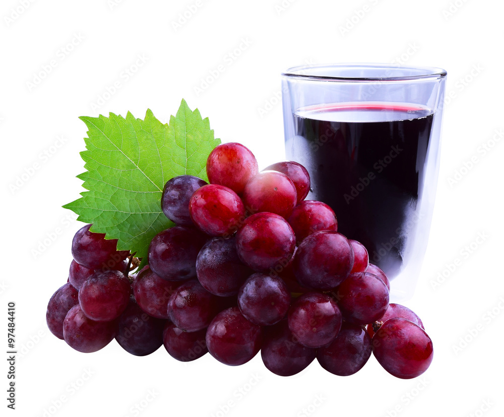 Red grapes and glass of juice isolated on white background Red grapes and glass of juice isolated on white background