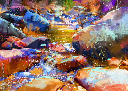 Fototapeta Naklejka Na Ścianę i Meble -  beautiful waterfall with colorful stones in autumn forest,digital painting