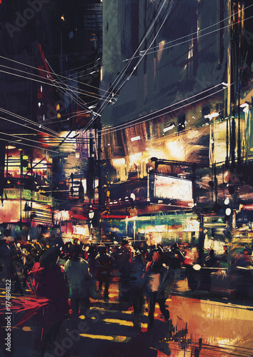 crowds of people at a busy crossing in the night with colorful lights,digital painting