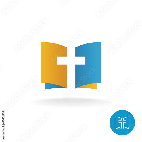 Open book with religion cross symbol logo