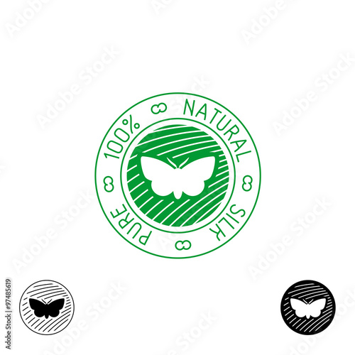 Silk logo. 100% pure natural silk badge for clothing. Silkworm b
