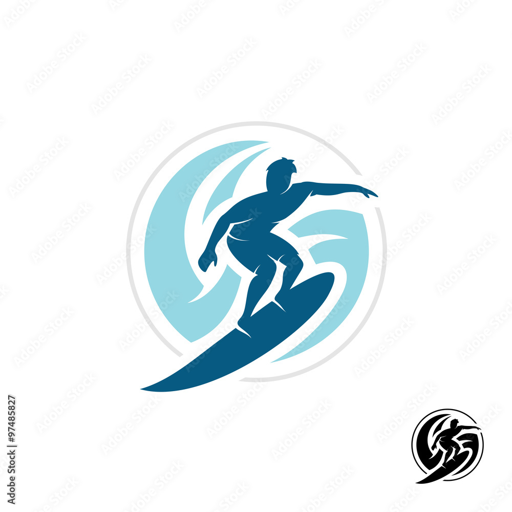 Surf logo with man silhouette, board and sea waves water twirl i