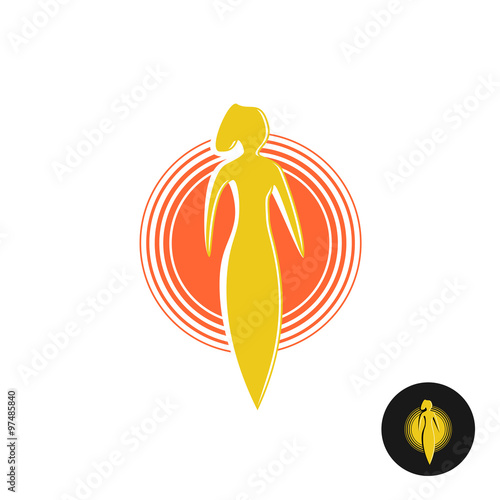 Tanning salon logo. Solarium concept. Woman figure with round su