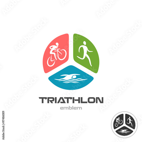Triathlon sport logo. Cyclist, running and swimming man silhouet