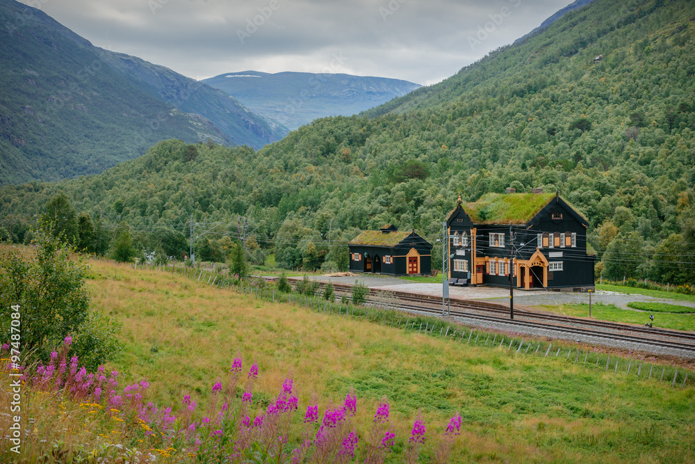 Traditional small railway station somewhere in Norway, Europe, in the summer time