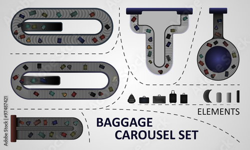 Five different types of baggage carousel constructions. Illustration includes: carousel plates, bags, baggage carousels.