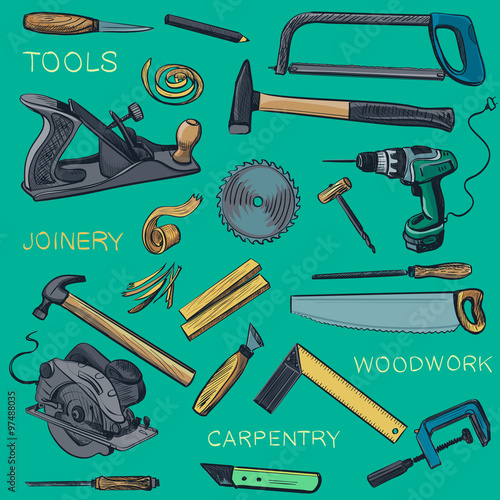 Collection of hand drawn Carpentry, woodworker, joinery icons
