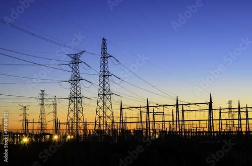 Electric powerlines over sunrise