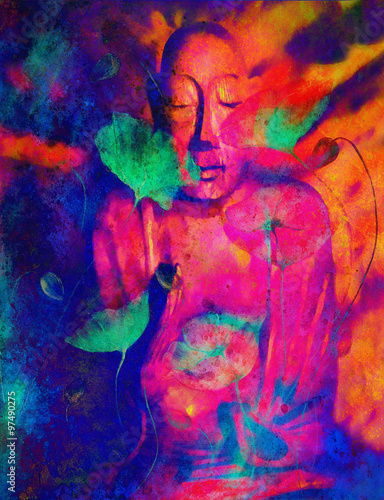 buddha and flower  abstract background. computer collage painting. Religion concept.