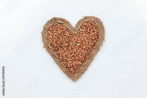 Buckwheat  lies at the heart made of burlap