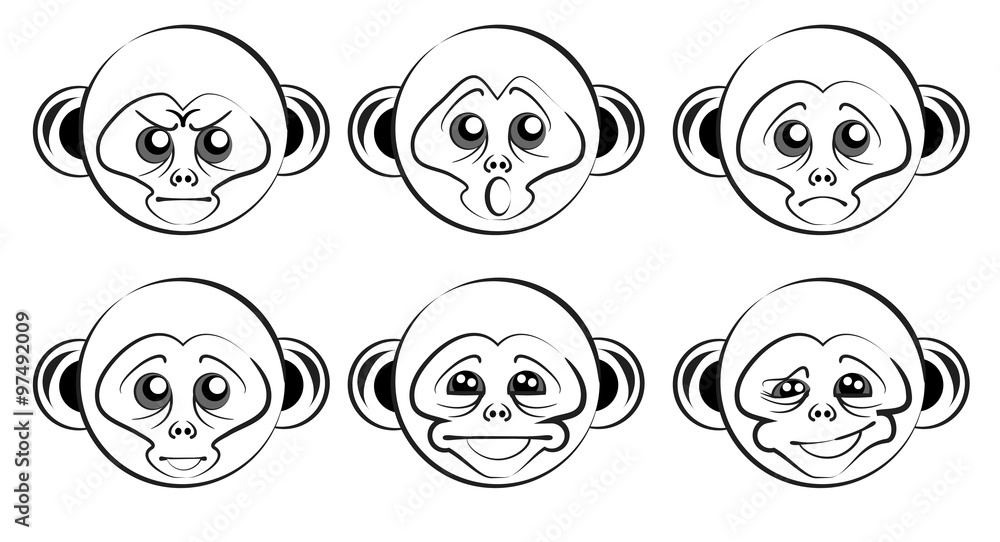 set of heads of monkeys with different emotions set of heads of monkeys with different emotions