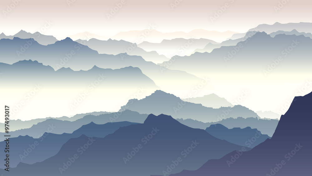 Horizontal illustration of twilight in mountains.