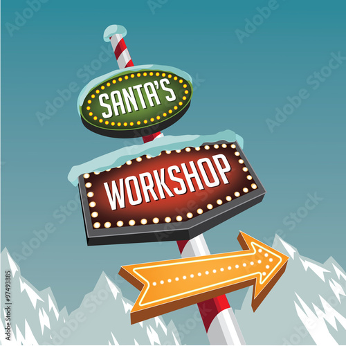 Santa's Workshop retro sign. EPS 10 vector illustration.