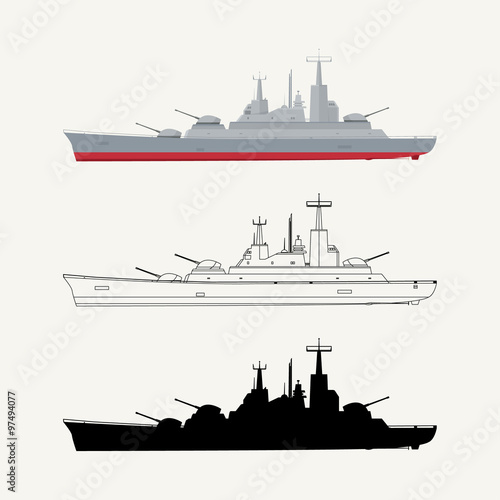 Military ship in three different versions. EPS10.