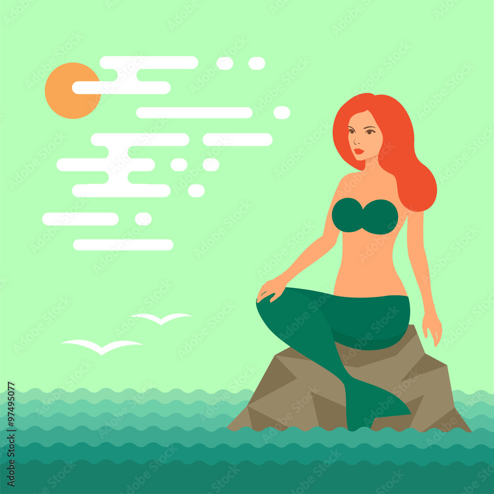  fantasy underwater  illustration, vector sea mermaid 