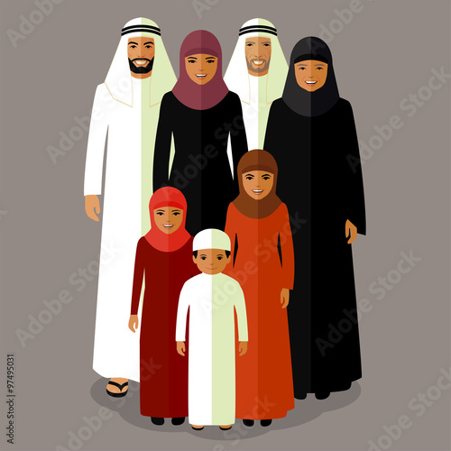 vector arab family, muslim people, saudi cartoon man and woman