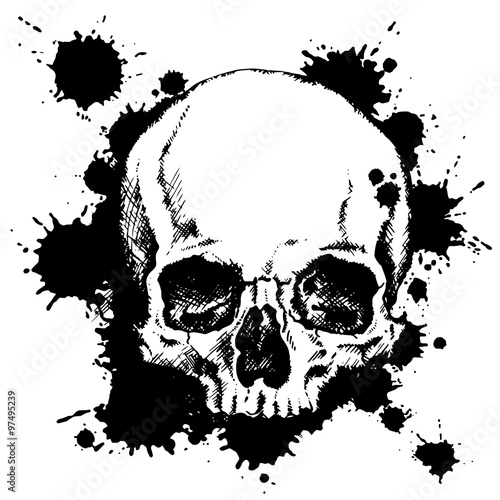 Hand-drawn human skull with black ink blots. Vector illustration