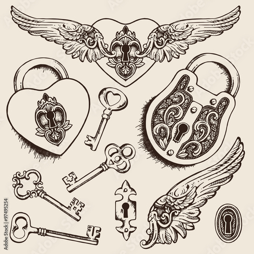 Keys and locks Vector illustration. Heart shaped padlock with wings in vintage engraved style with elegant keys. Romantic scrapbook set