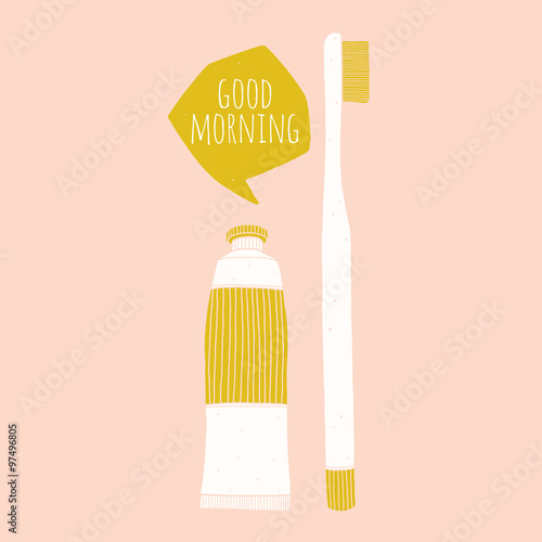 Vector toothbrush and tooth-paste tube with good morning speech bubble. Colorful cartoon illustration 