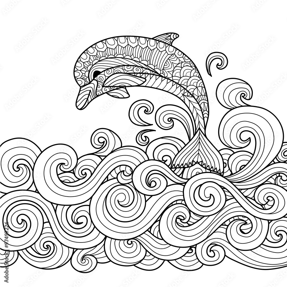Obraz premium Ręcznie rysowane zentangle delfinów z przewijaniem fal morskich do kolorowania książki dla dorosłych