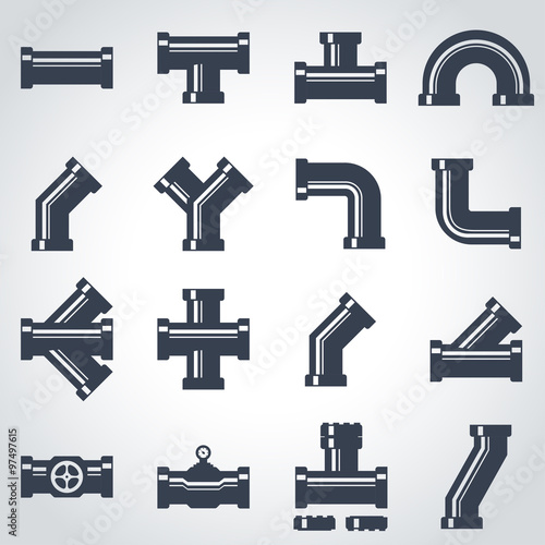Vector black pipe fittings icon set. Pipe Fittings Icon Object, Pipe Fittings Icon Picture, Pipe Fittings Icon Image - stock vector