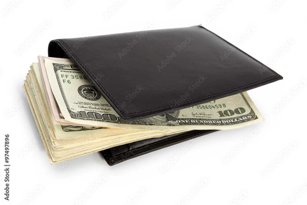 Stack of dollar banknotes in black wallet isolated on white. Clipping path incl. Stack of dollar banknotes in black wallet isolated on white. Clipping path incl.