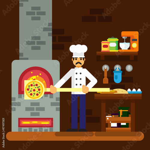 Cook baker cooking pizza icon bakery background flat design vector illustration