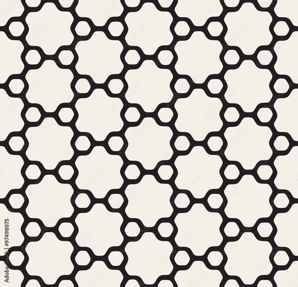 Fototapeta premium Vector Seamless Black and White Rounded Floral Hexagonal Star and Outlined Circles Pattern