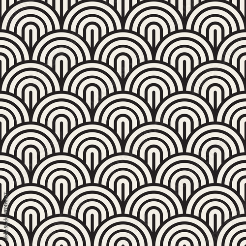 Vector Seamless Black and White Rounded Arc Concentric Circles Pattern