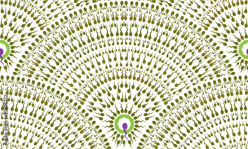 Vector abstract seamless pattern of green and purple sperm seeking the egg. Fan-shaped icon buttons insemination.