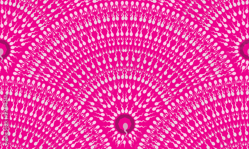 Vector abstract seamless pattern of sperm seeking the egg. Fan-shaped icon buttons insemination on pink background.
