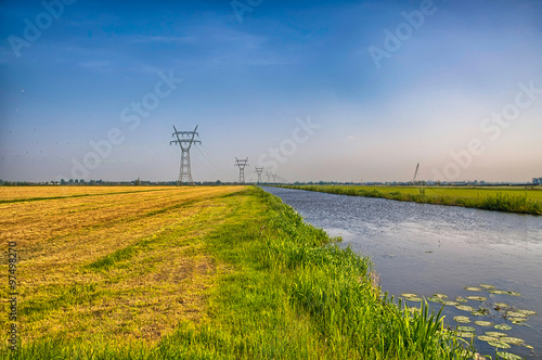 Dutch landscape with a canal and grass fields