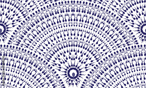Vector abstract seamless pattern of dark blue sperm seeking the egg. Fan-shaped icon buttons insemination.