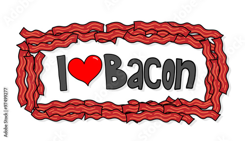I Love Bacon, a hand drawn vector illustration of "I Love Bacon" logo with lots of bacon as its frame on simple shadow backdrops (editable).
