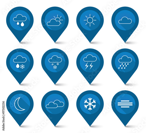 set of weather blue icons - map pointer style