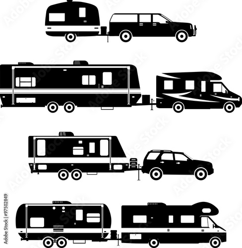Set of different silhouettes travel trailer caravans on a white background. Vector illustration