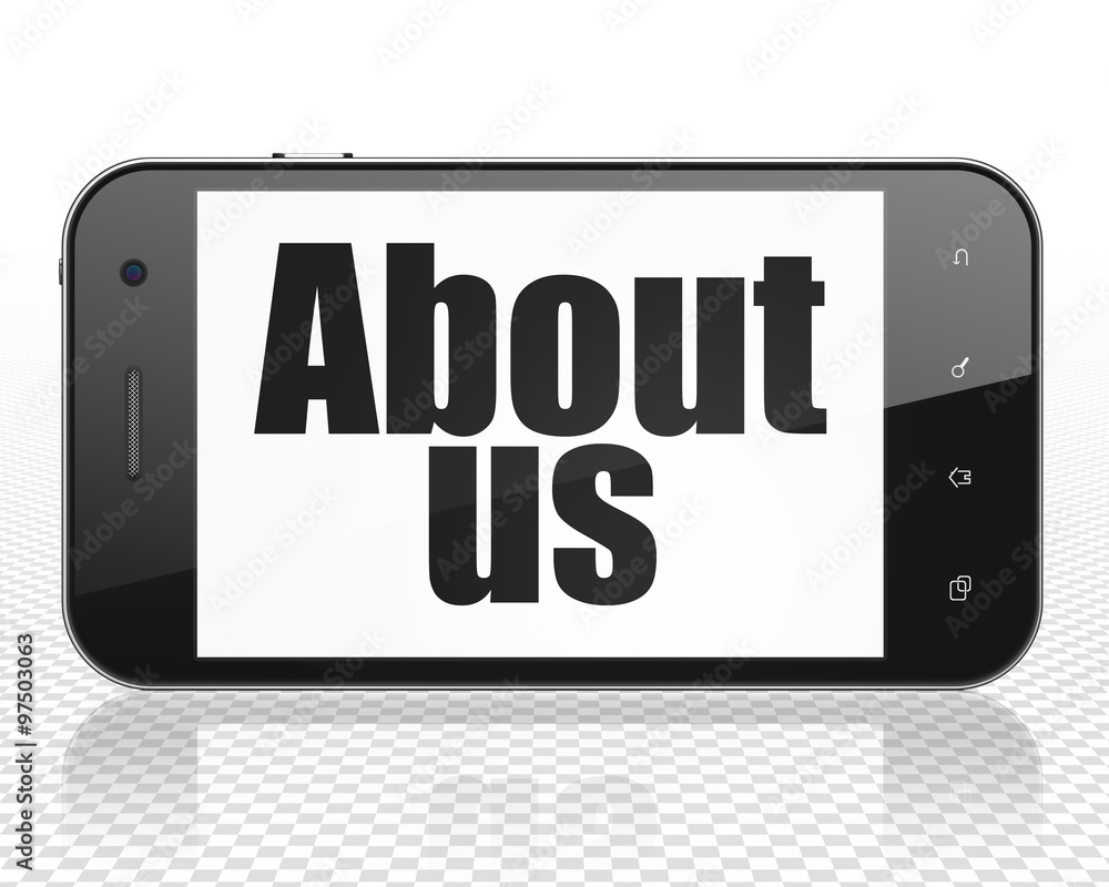 Marketing concept: Smartphone with About Us on display Marketing concept: Smartphone with About Us on display