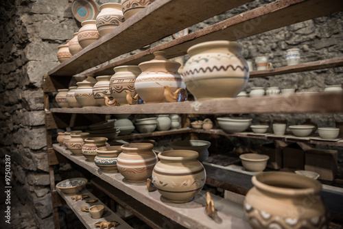 shelves with Ukrainian ceramics