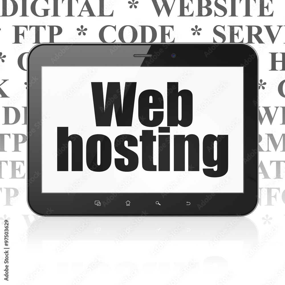 Web design concept: Tablet Computer with Web Hosting on display Web design concept: Tablet Computer with Web Hosting on display